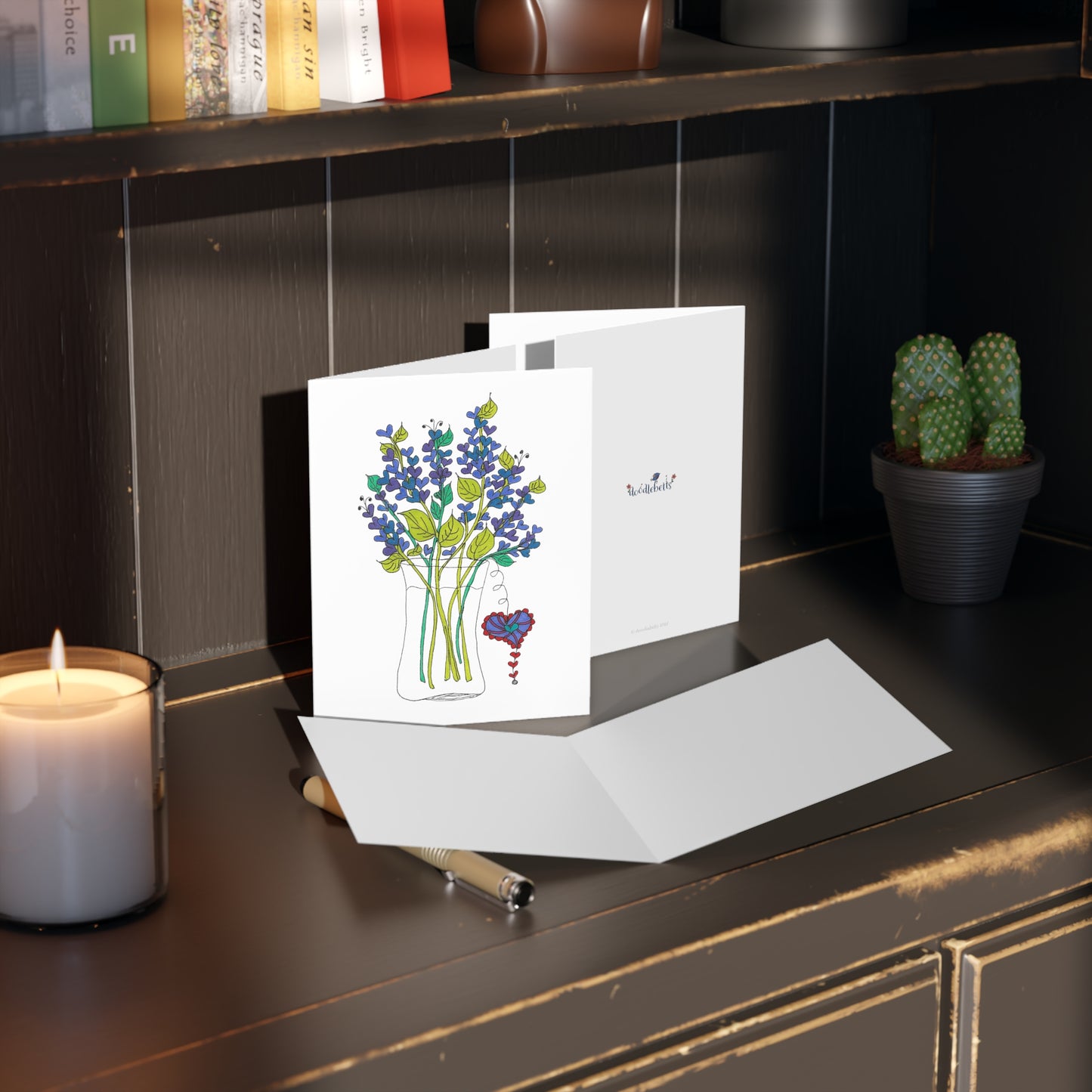 Vase of Lavender Hearts Greeting cards (8, 16, or 24 pcs)