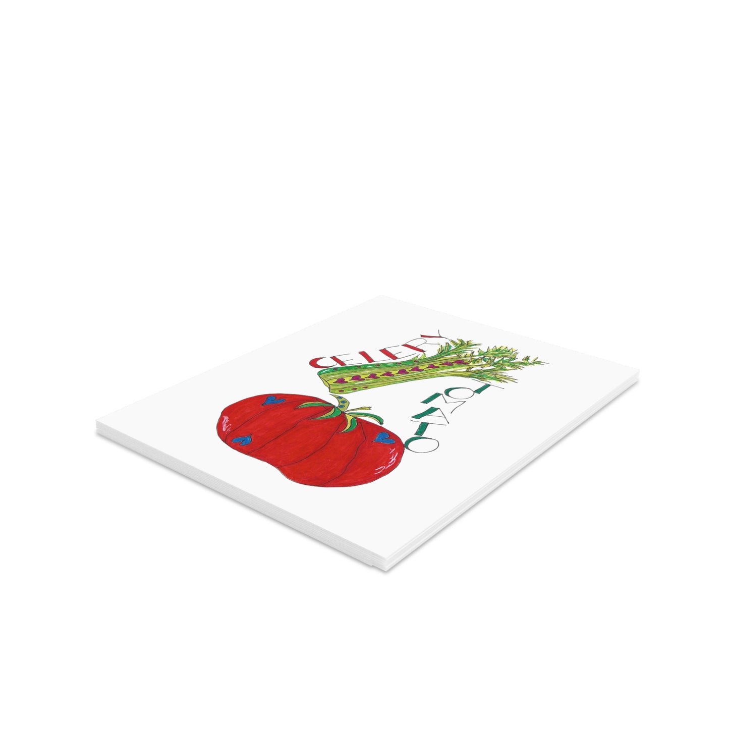 Celery & Tomato Greeting Card Set — Cute Vegetable Note Cards (8/16/24 pcs)