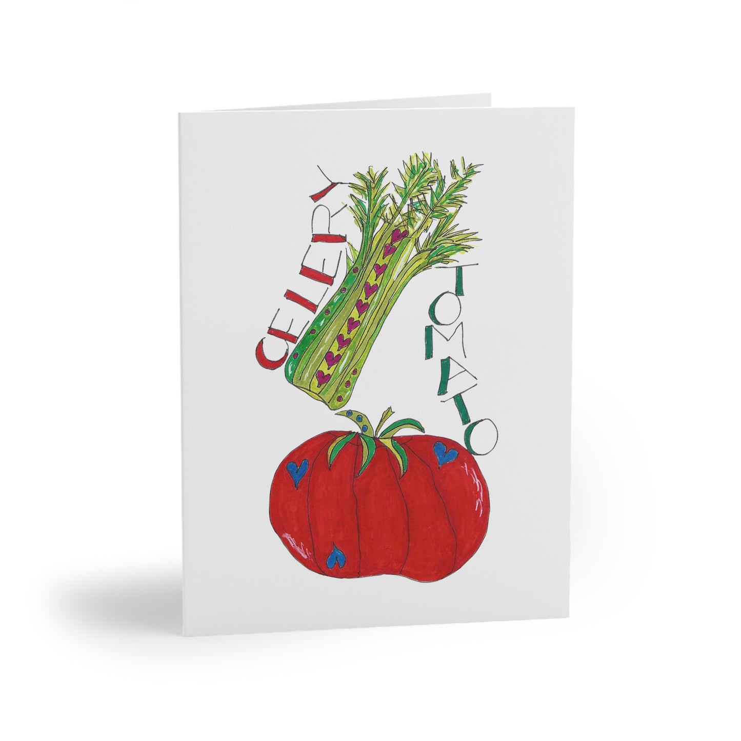 Celery & Tomato Greeting Card Set — Cute Vegetable Note Cards (8/16/24 pcs)