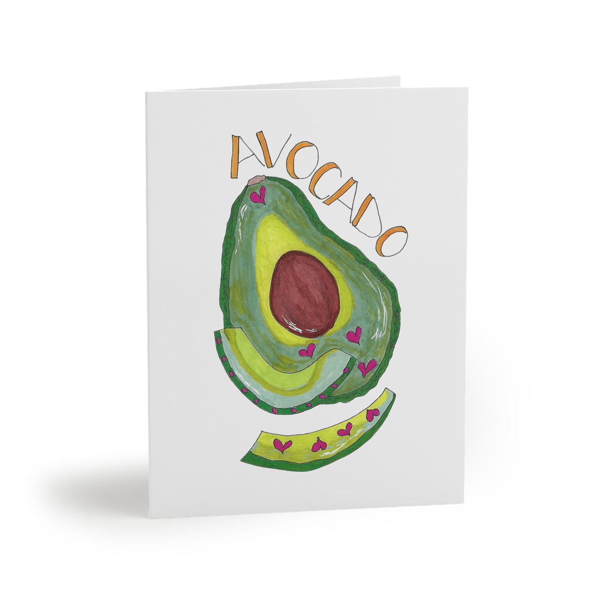 Card with an illustration of an avocado and the word 'Avocado' on a white background