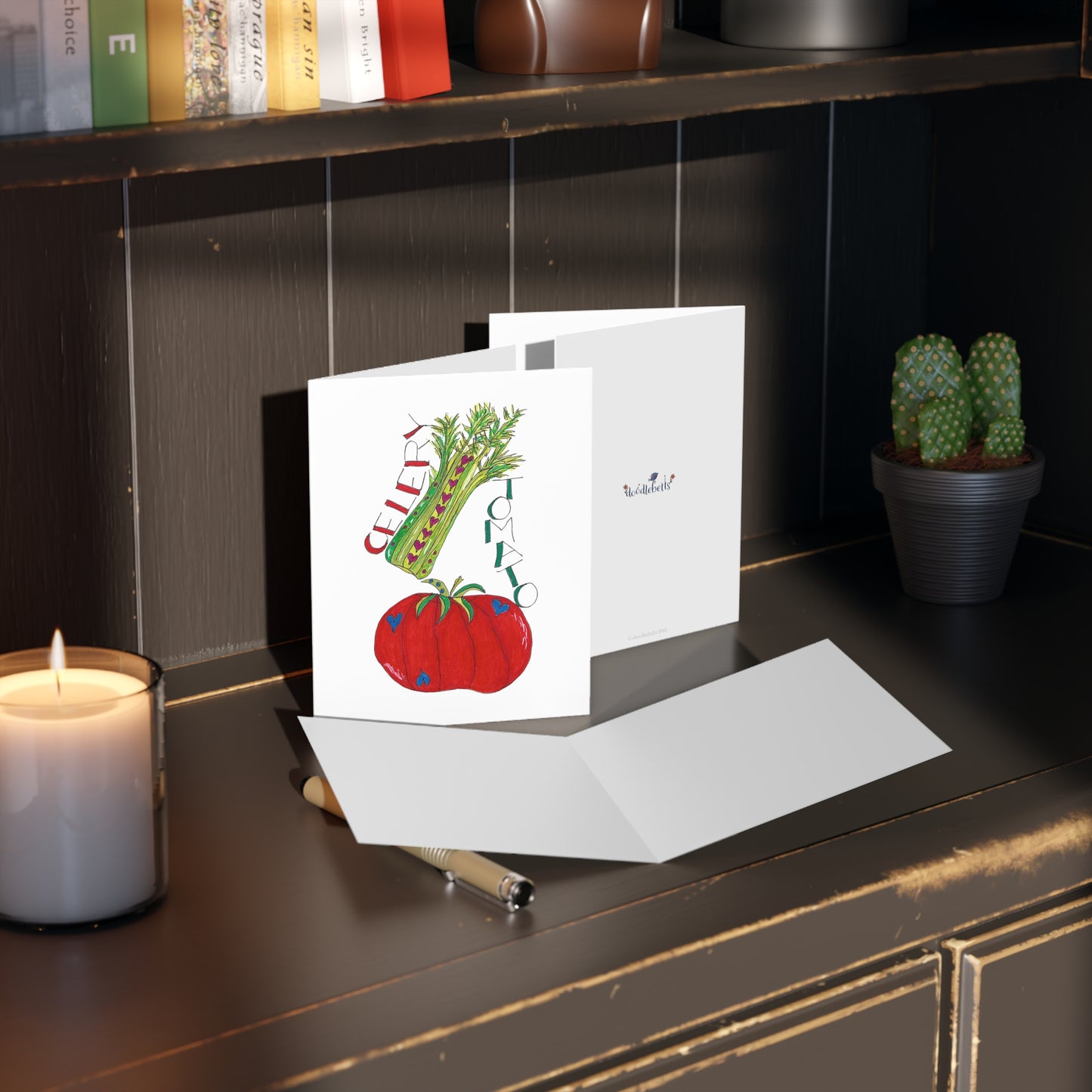 Celery & Tomato Greeting Card Set — Cute Vegetable Note Cards (8/16/24 pcs)