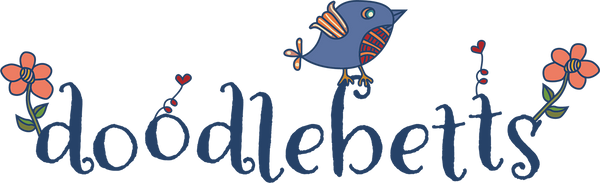 Brand name 'doodlebetts' with a blue bird and flowers on a white background